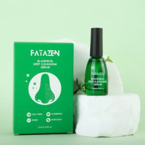 FATAZEN Pore Care Serum set with carton and sticker sheet on a green background
