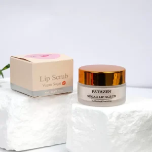 FATAZEN Strawberry Sugar Lip Scrub jar and box on a clean product set
