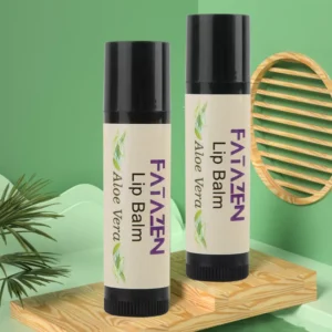 FATAZEN Aloe Vera Lip Balm product duo on a green display