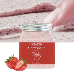 FATAZEN Strawberry Walnut Body Scrub jar with textured scrub backdrop