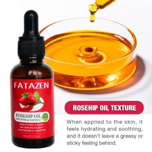 FATAZEN Rosehip Face and Body Oil bottle beside rosehip fruit in a soft product scene