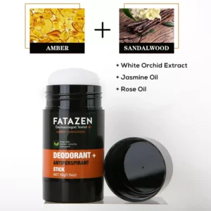 FATAZEN Amber Sandalwood Body Freshening Stick product display with amber and sandalwood scent notes