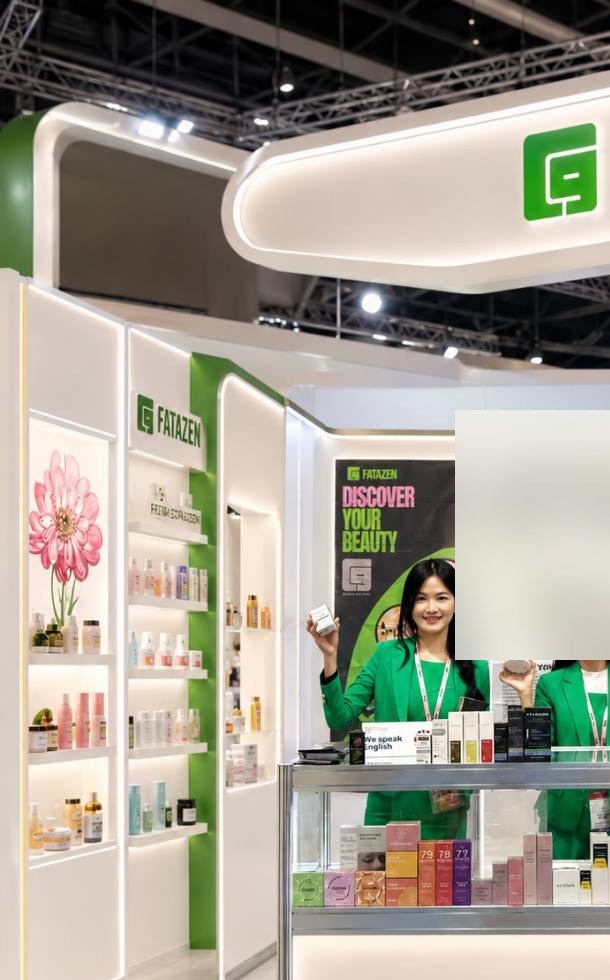 FATAZEN product display shelves and counter at a brand event booth