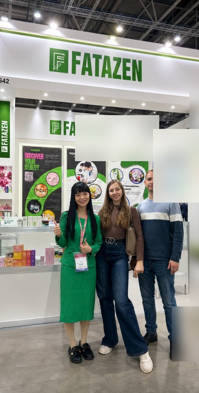 FATAZEN booth visit moment with skincare display and brand signage