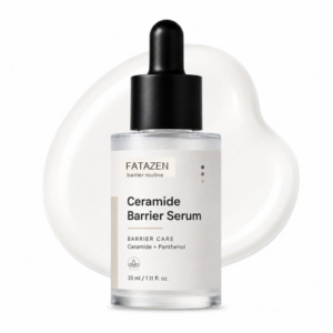 FATAZEN Ceramide Barrier Serum bottle with soft serum texture backdrop