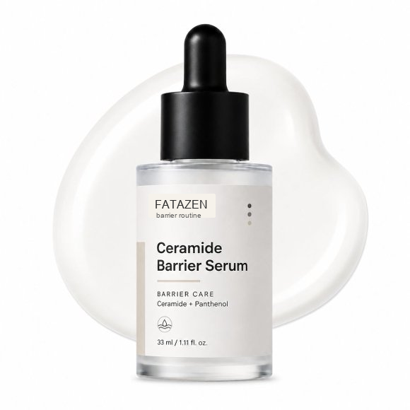 FATAZEN Ceramide Barrier Serum bottle with soft serum texture backdrop