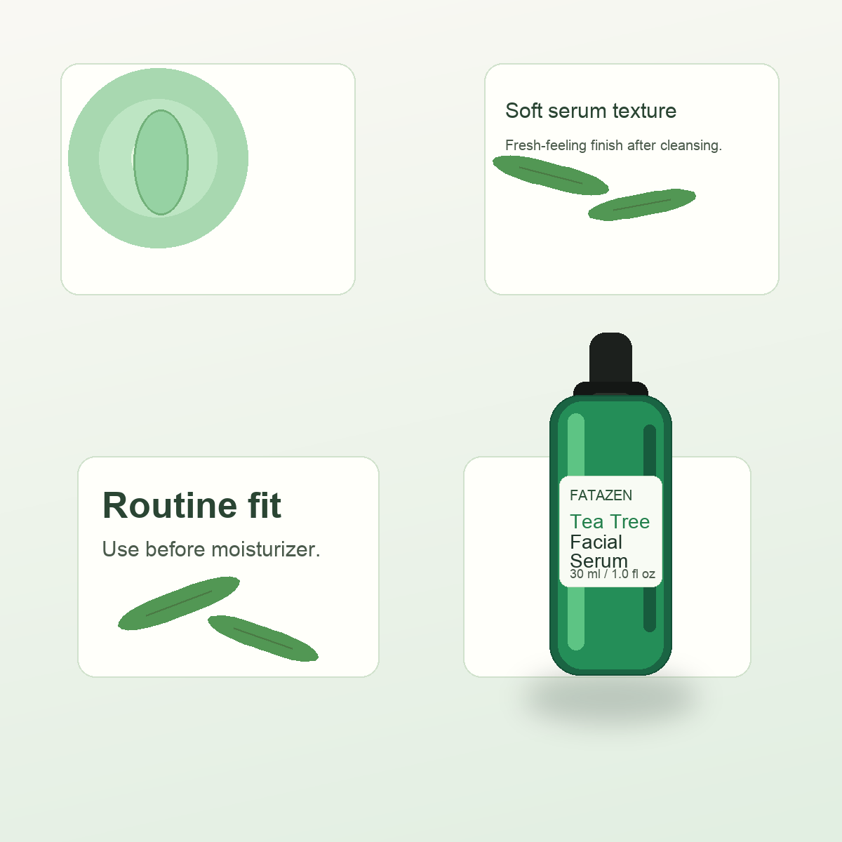 FATAZEN Tea Tree Facial Serum texture and routine image