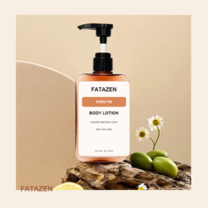 FATAZEN Arbutin Body Lotion pump bottle on a warm product display