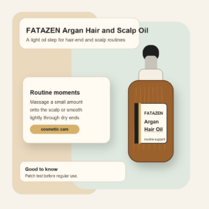 FATAZEN Argan Hair and Scalp Oil bottle with routine notes for hair-end and scalp care