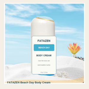 FATAZEN Beach Day Body Cream bottle on a bright sand display