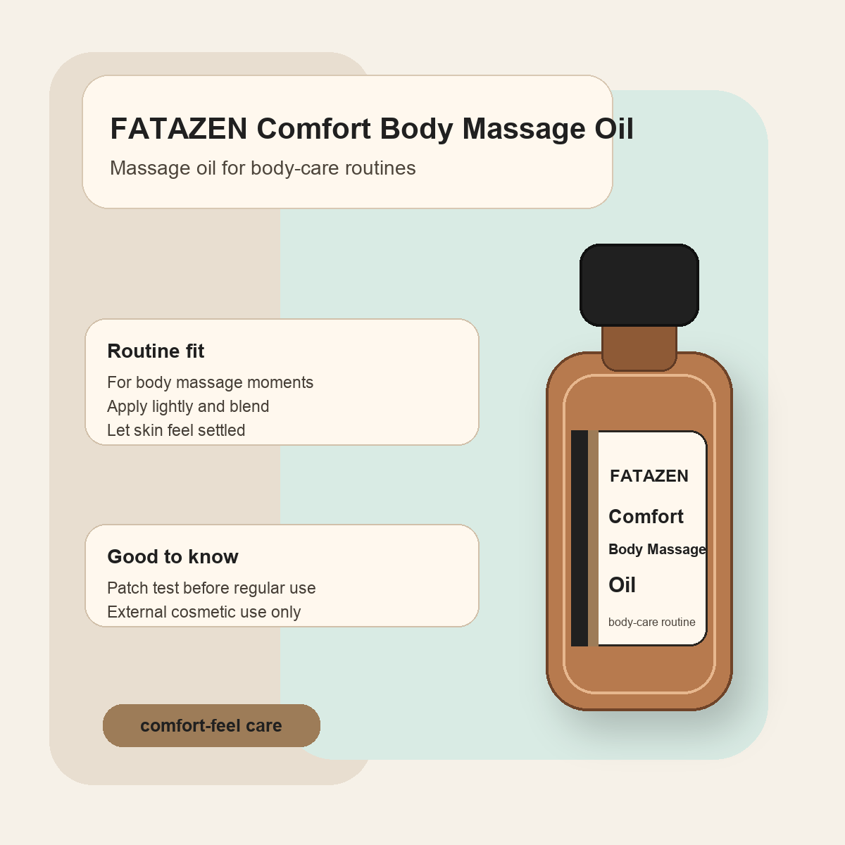 FATAZEN Comfort Body Massage Oil with routine notes for body care