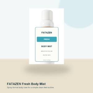 FATAZEN Fresh Body Mist bottle on a clean blue display