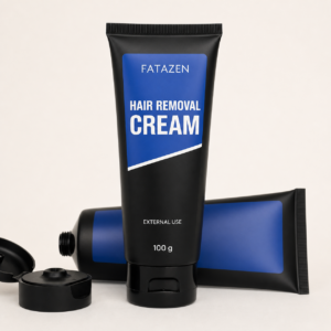 FATAZEN Hair Removal Cream black and blue tubes on a warm white studio background