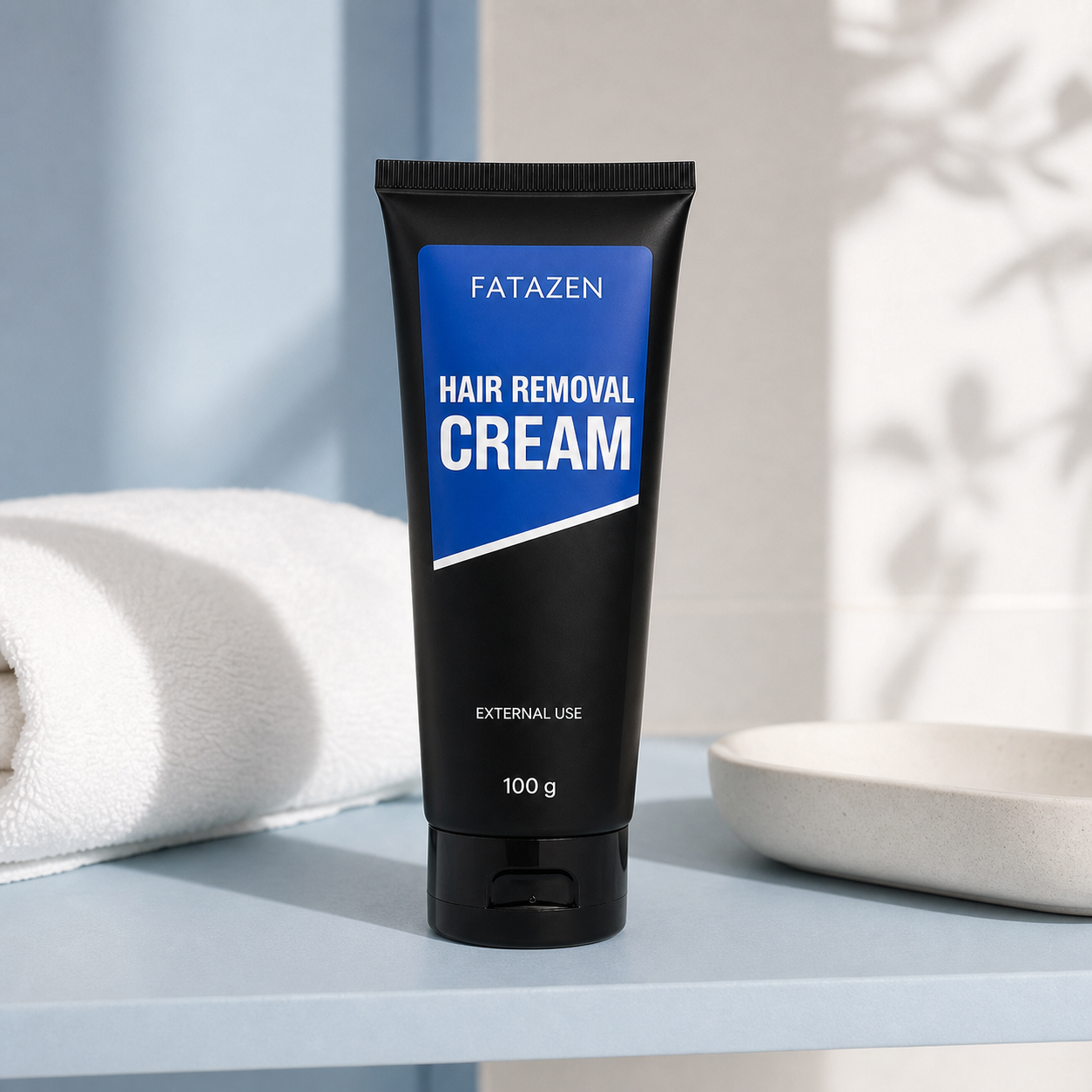FATAZEN Hair Removal Cream tube beside a folded white towel on a blue shelf