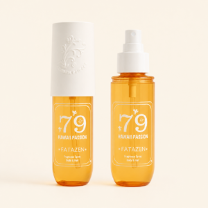 FATAZEN Hawaii Passion Body & Hair Fragrance Spray bottles on a warm cream studio background