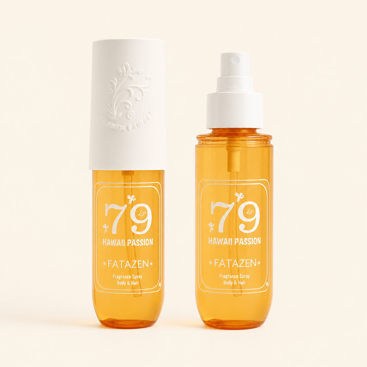 FATAZEN Hawaii Passion Body & Hair Fragrance Spray bottles on a warm cream studio background