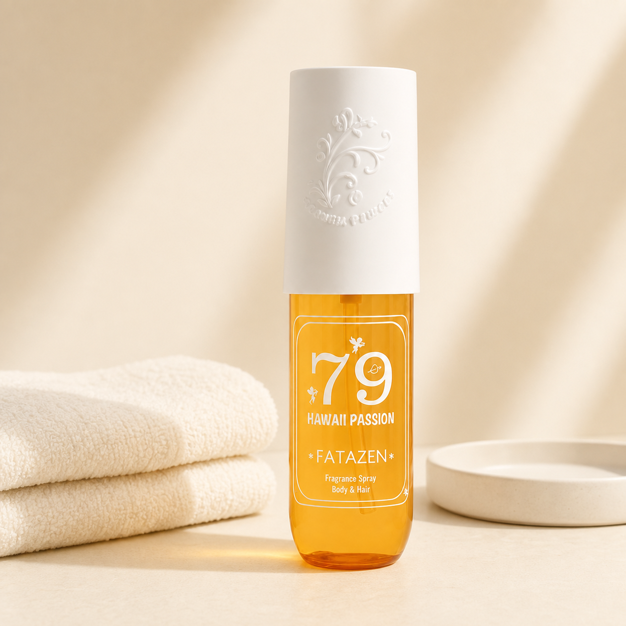 FATAZEN Hawaii Passion Body & Hair Fragrance Spray beside folded cream towels