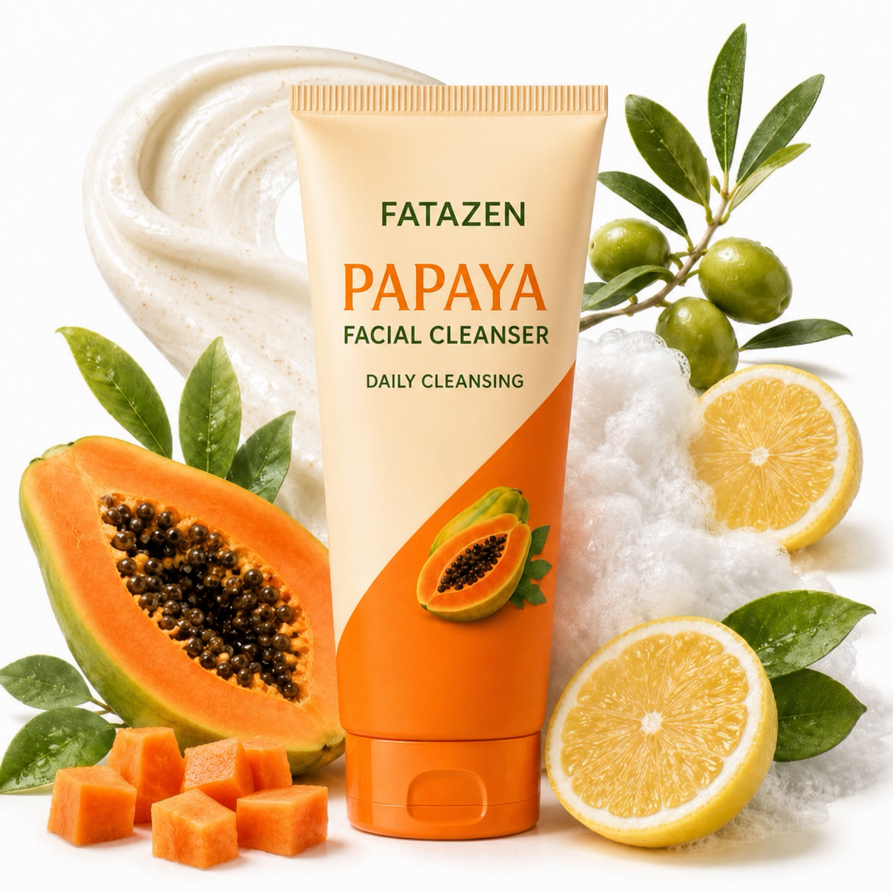 FATAZEN Papaya Facial Cleanser with papaya fruit and cleanser texture