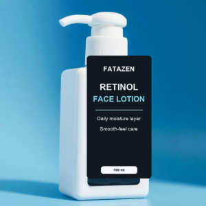 FATAZEN Retinol Face Lotion pump bottle on a blue background