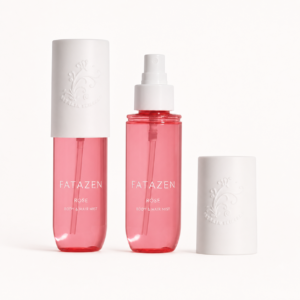 Two views of the FATAZEN Rose Body and Hair Fragrance Mist bottle with cap and spray pump
