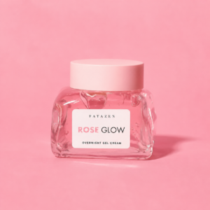 FATAZEN Rose Glow Overnight Gel Cream front jar view on a pink background