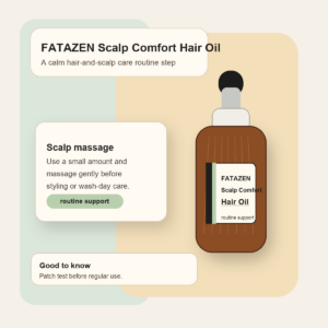 FATAZEN Scalp Comfort Hair Oil bottle and routine card for scalp massage and hair-end care