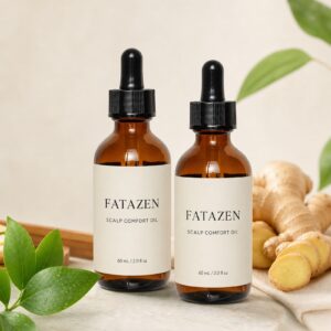 Two amber FATAZEN Scalp Comfort Oil dropper bottles in a warm botanical setting