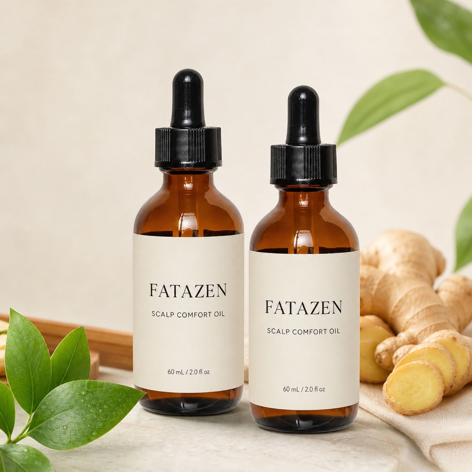 Two amber FATAZEN Scalp Comfort Oil dropper bottles in a warm botanical setting