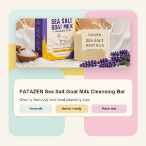 FATAZEN Sea Salt Goat Milk Cleansing Bar with salt bowl and soap bar