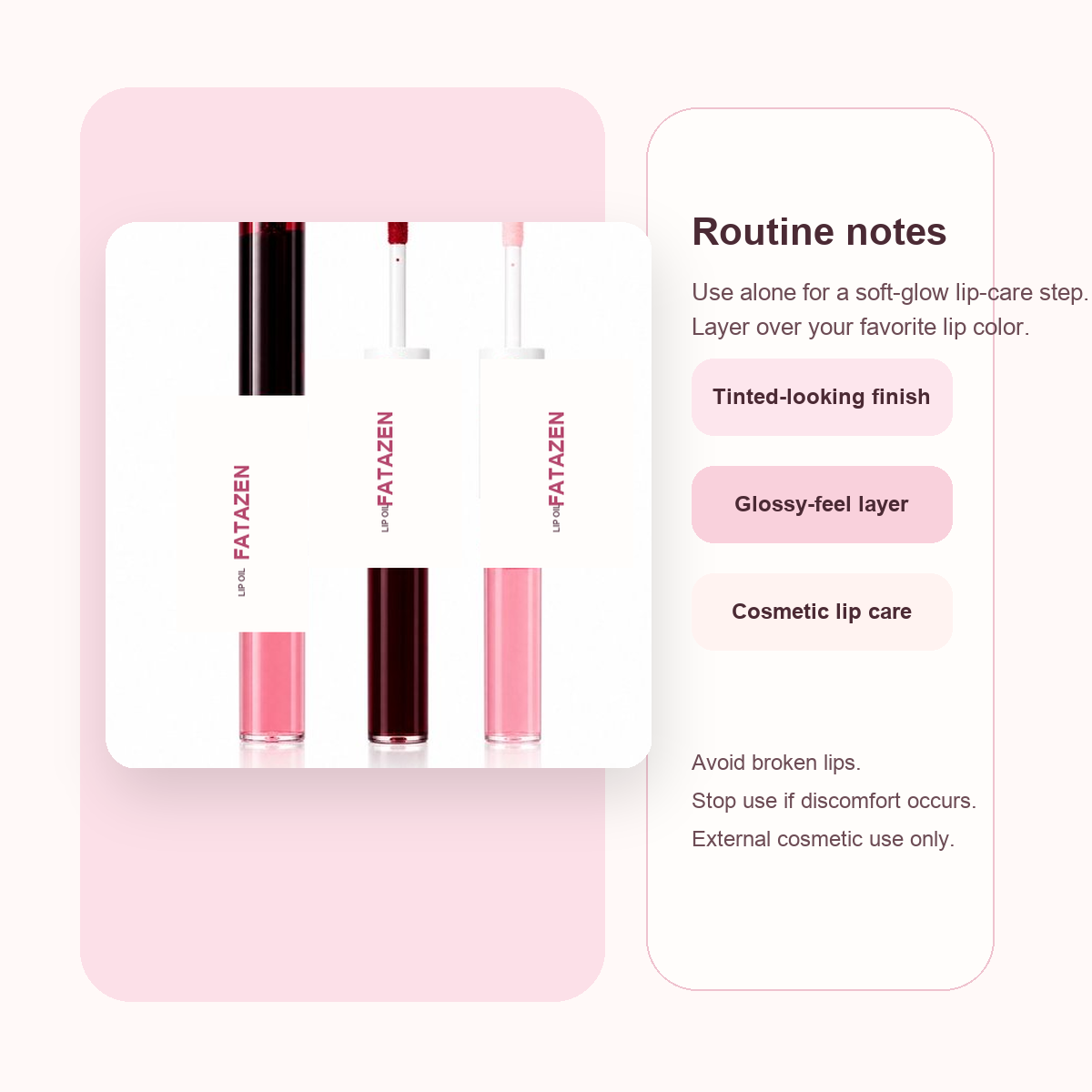 FATAZEN Soft Glow Lip Oil Duo routine notes for cosmetic lip care and shine