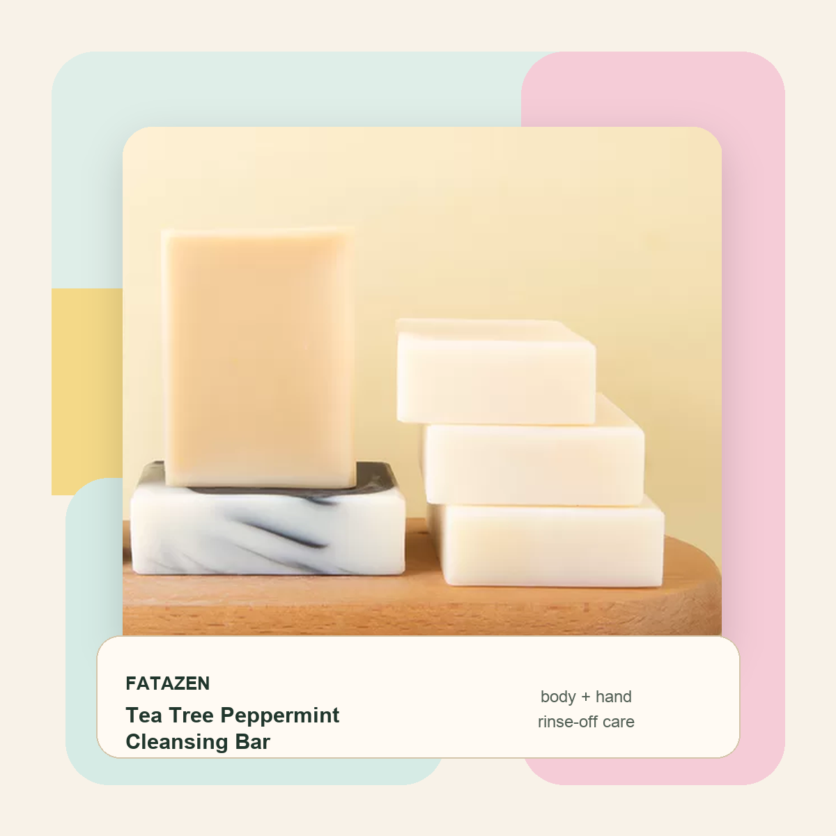 FATAZEN Tea Tree Peppermint Cleansing Bar on a tray with soap bars