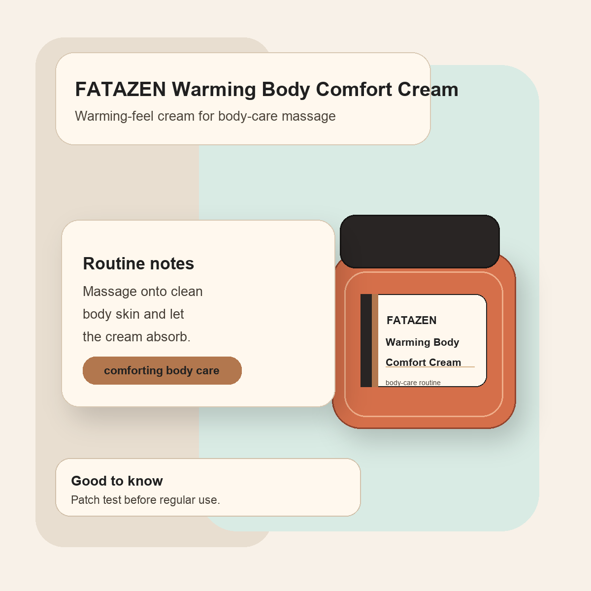 FATAZEN Warming Body Comfort Cream jar with routine notes for body care