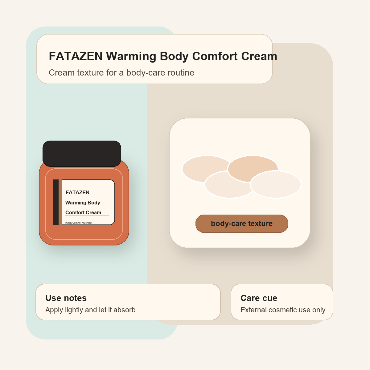 FATAZEN Warming Body Comfort Cream texture graphic for body care routines