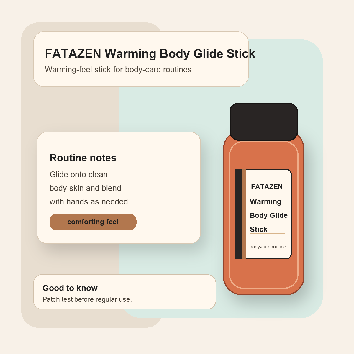 FATAZEN Warming Body Glide Stick with routine notes for body care