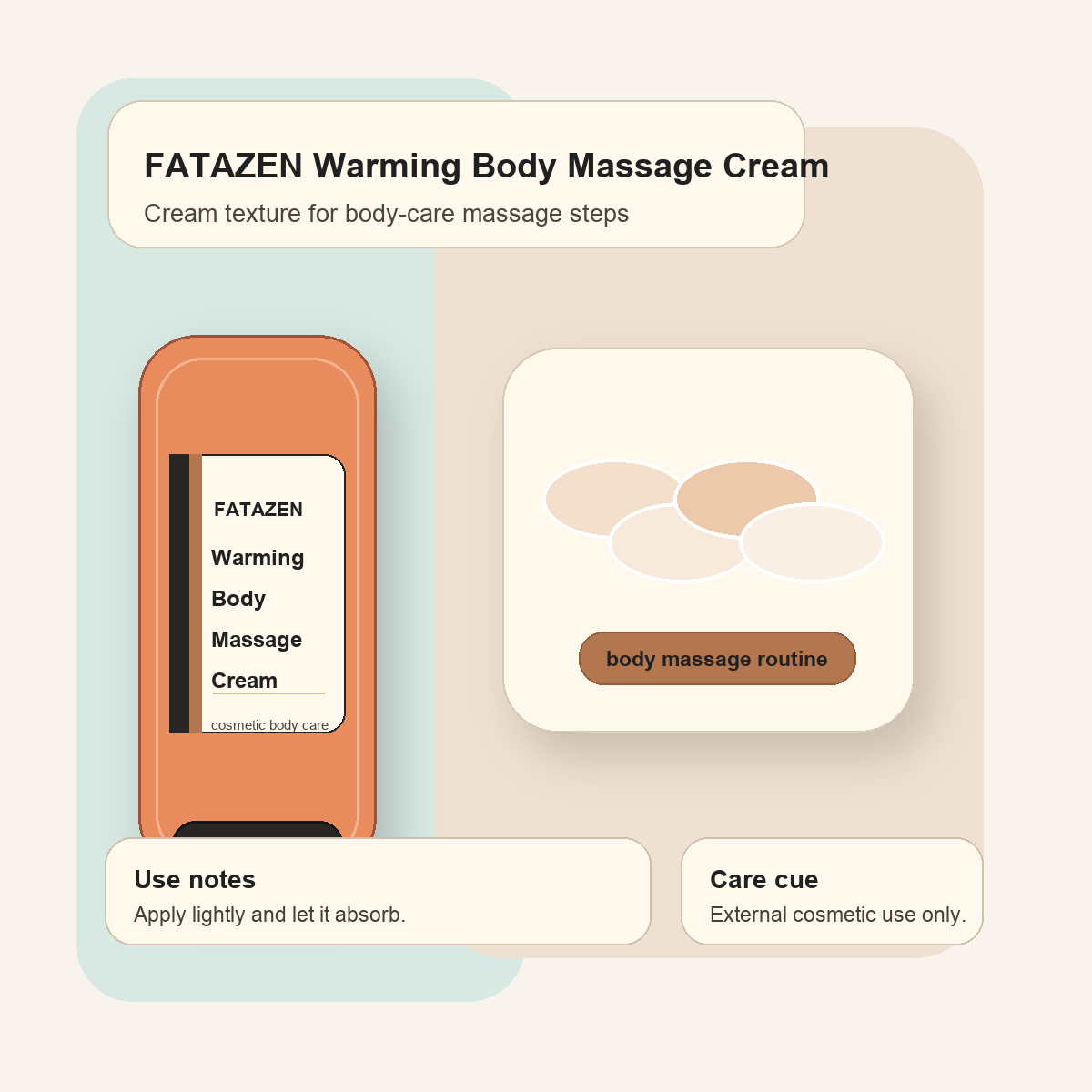 FATAZEN Warming Body Massage Cream texture graphic for body care massage steps