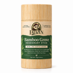 FATAZEN Bamboo-Look Body Stick concept artwork showing a light-tan cylindrical pack with bamboo-grain appearance and a deep-green bamboo-leaf label