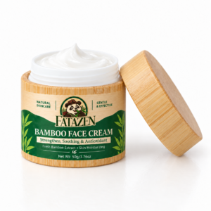 FATAZEN Bamboo-Look Face Cream concept artwork showing an open light-tan round jar with bamboo-grain appearance, a white inner rim, detached lid and deep-green bamboo-leaf label