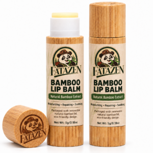 FATAZEN Bamboo-Look Lip Balm concept artwork showing open and closed light-tan tubes with bamboo-grain appearance, cream labels and a white inner sleeve