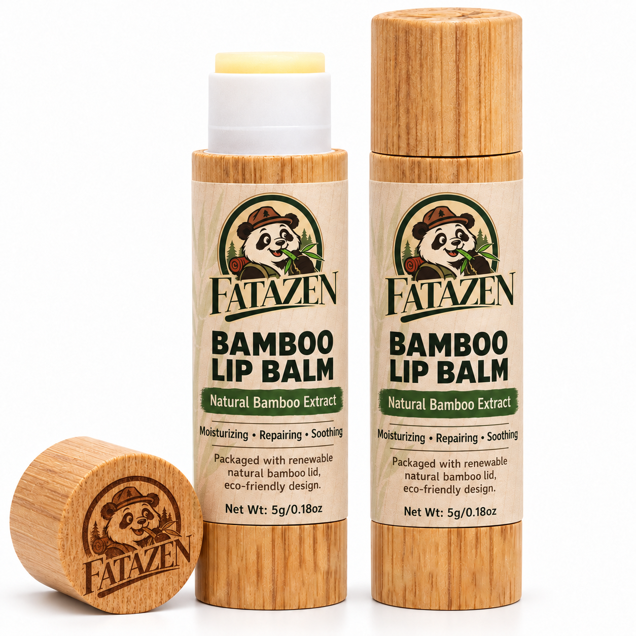 FATAZEN Bamboo-Look Lip Balm concept artwork showing open and closed light-tan tubes with bamboo-grain appearance, cream labels and a white inner sleeve
