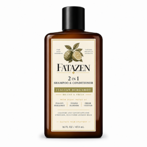 FATAZEN Amber 2-in-1 Hair Wash concept packaging artwork. An amber rectangular bottle with a black cap, a cream and gold label and a citrus botanical illustration.