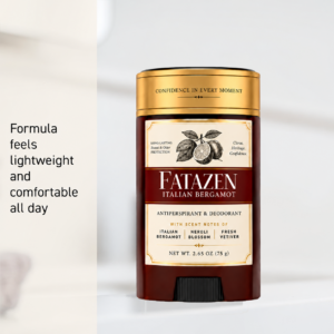 FATAZEN Burgundy Body Stick concept packaging artwork. A burgundy stick container with a gold cap, cream label, citrus illustration and black adjustment wheel.