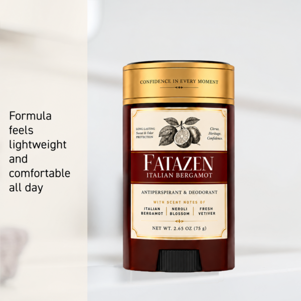 FATAZEN Burgundy Body Stick concept packaging artwork. A burgundy stick container with a gold cap, cream label, citrus illustration and black adjustment wheel.