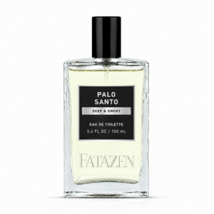FATAZEN Clear-Bottle Fragrance concept packaging artwork. A clear rectangular bottle with pale liquid, a tall black cap, a black framed label and a pale embossed FATAZEN wordmark.