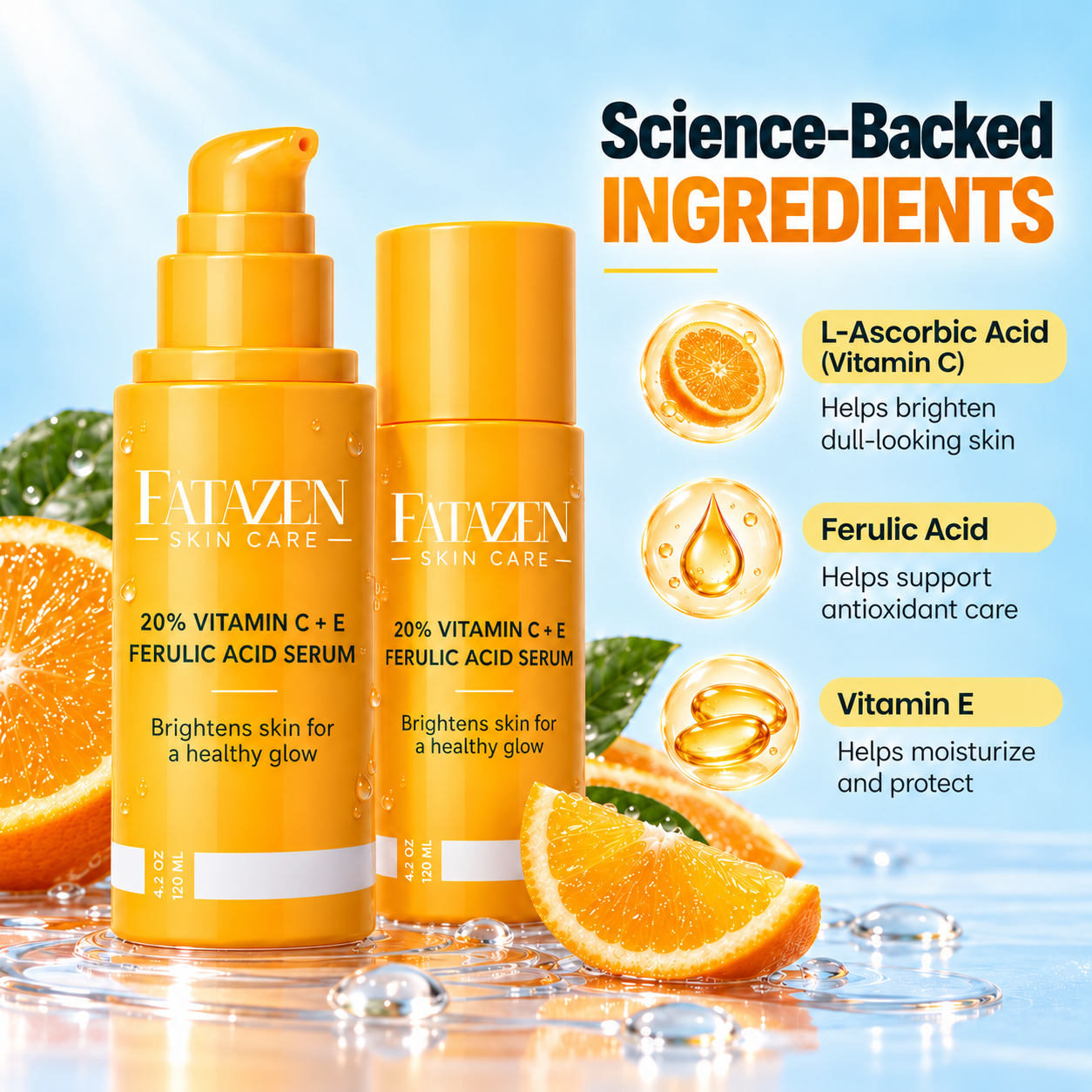 FATAZEN Vitamin C + E and Ferulic Serum concept packaging with FATAZEN wordmark