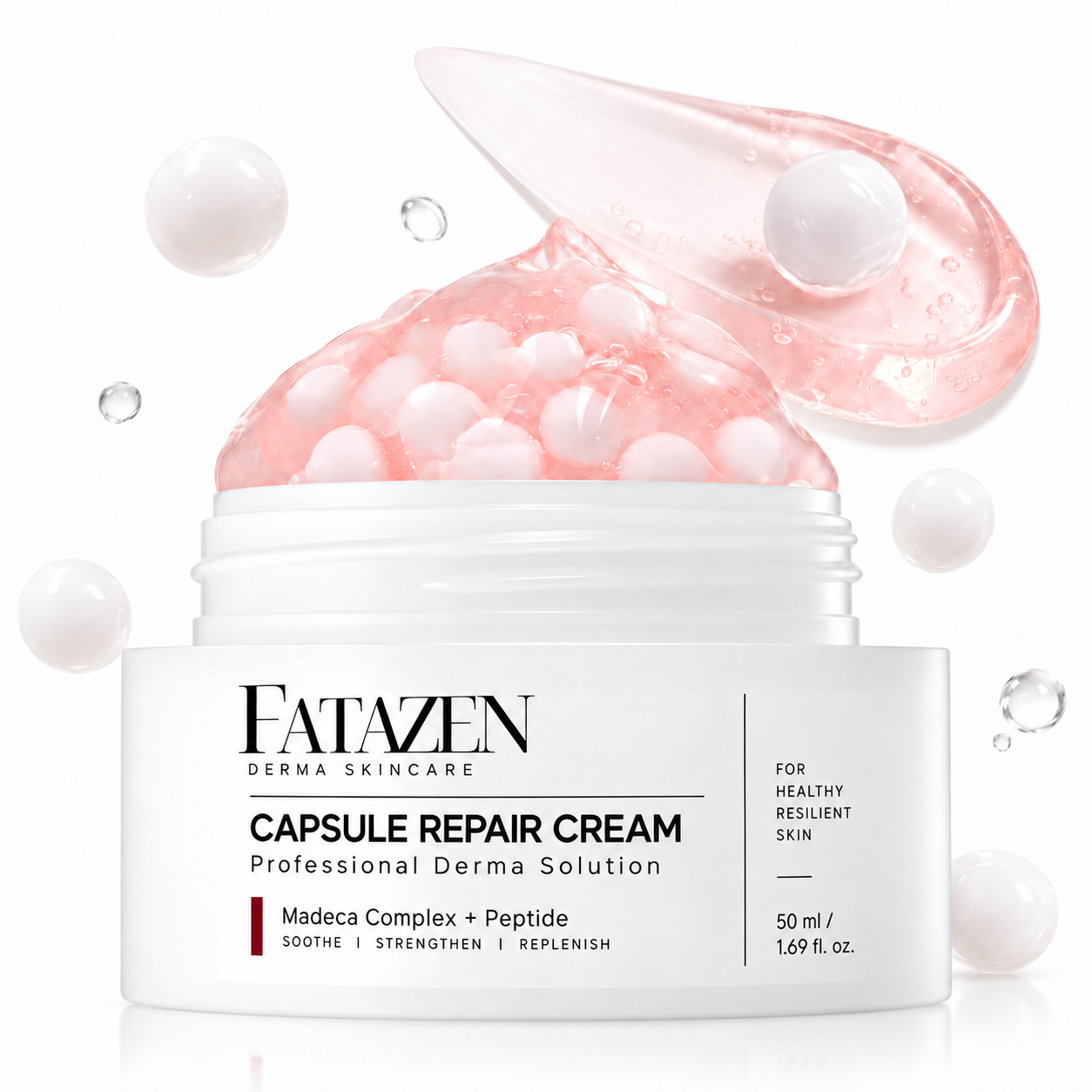 FATAZEN Pink Capsule Cream concept artwork showing an open white jar with pink gel-shaped content and white capsule-like spheres
