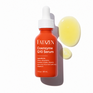 FATAZEN Coenzyme Q10 Serum concept artwork showing an orange bottle with a white pipette cap beside pale-yellow gel-shaped swatches