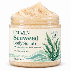 FATAZEN Seaweed-Look Body Scrub concept packaging artwork. An open clear jar with a cream-coloured speckled mound, a green botanical illustration and wave graphics.