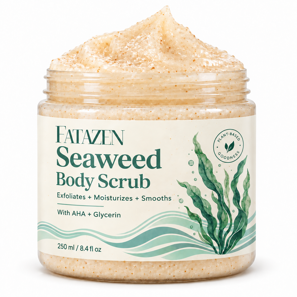 FATAZEN Seaweed-Look Body Scrub concept packaging artwork. An open clear jar with a cream-coloured speckled mound, a green botanical illustration and wave graphics.