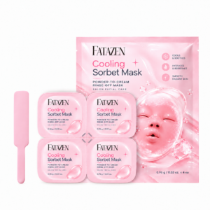 FATAZEN Pink Sorbet Mask concept artwork showing a pink outer sachet, four connected pink portion packs and a pink spatula