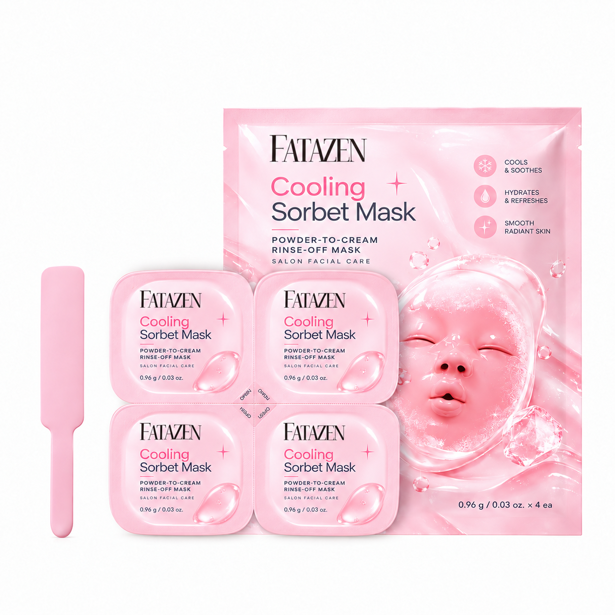 FATAZEN Pink Sorbet Mask concept artwork showing a pink outer sachet, four connected pink portion packs and a pink spatula